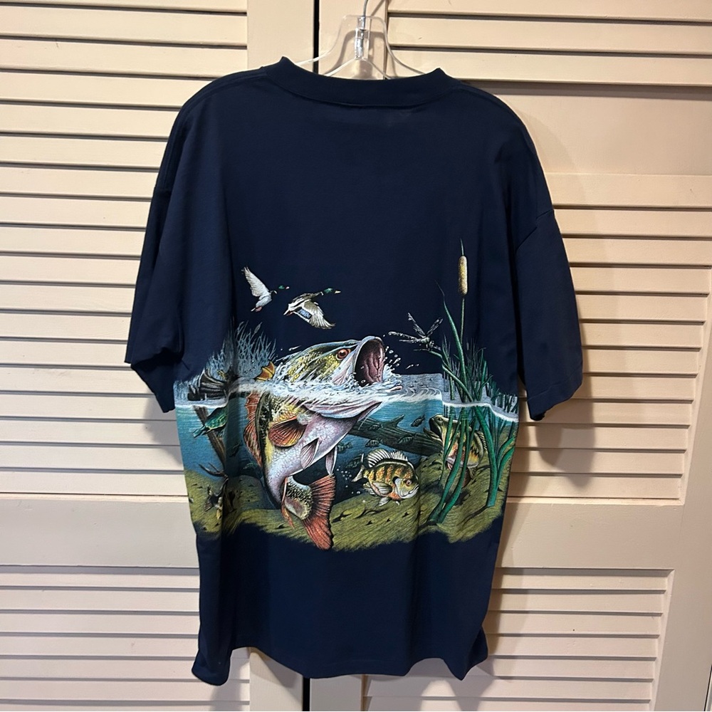 Vintage 1990s Largemouth Bass All Over Print Graphic T-Shirt Men’s XL Navy Blue - Picture 5 of 6